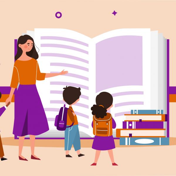 Illustration d'un professeur avec des enfants devant un grand livre