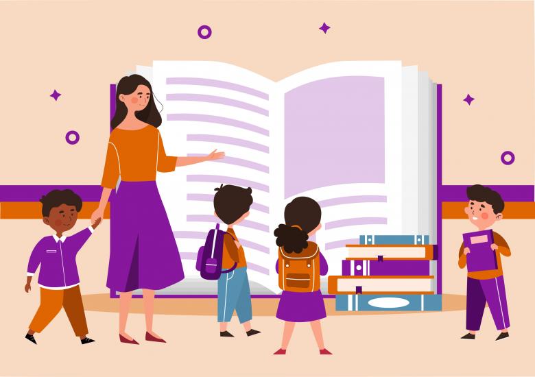 Illustration d'un professeur avec des enfants devant un grand livre
